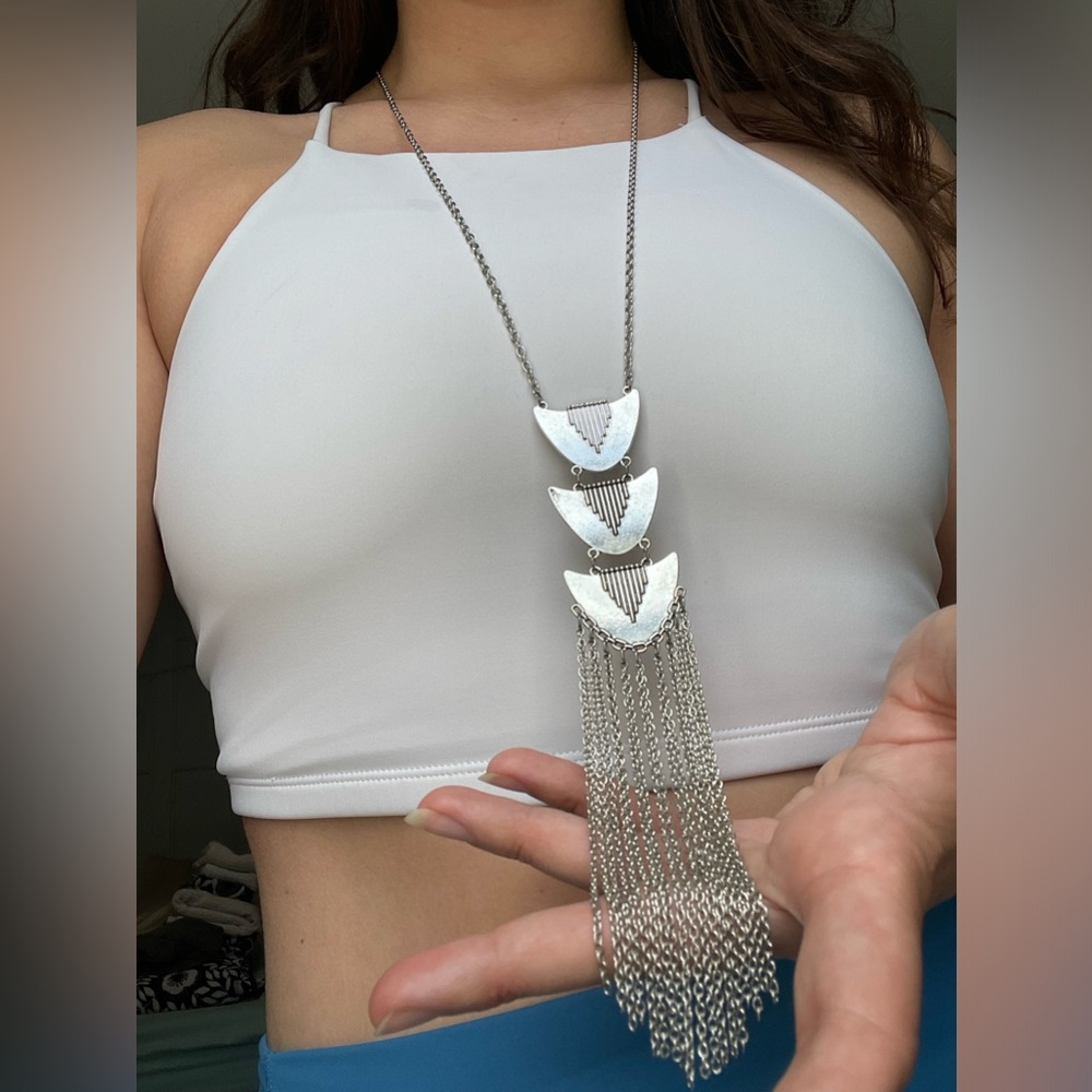 Super long silver necklace with chain design